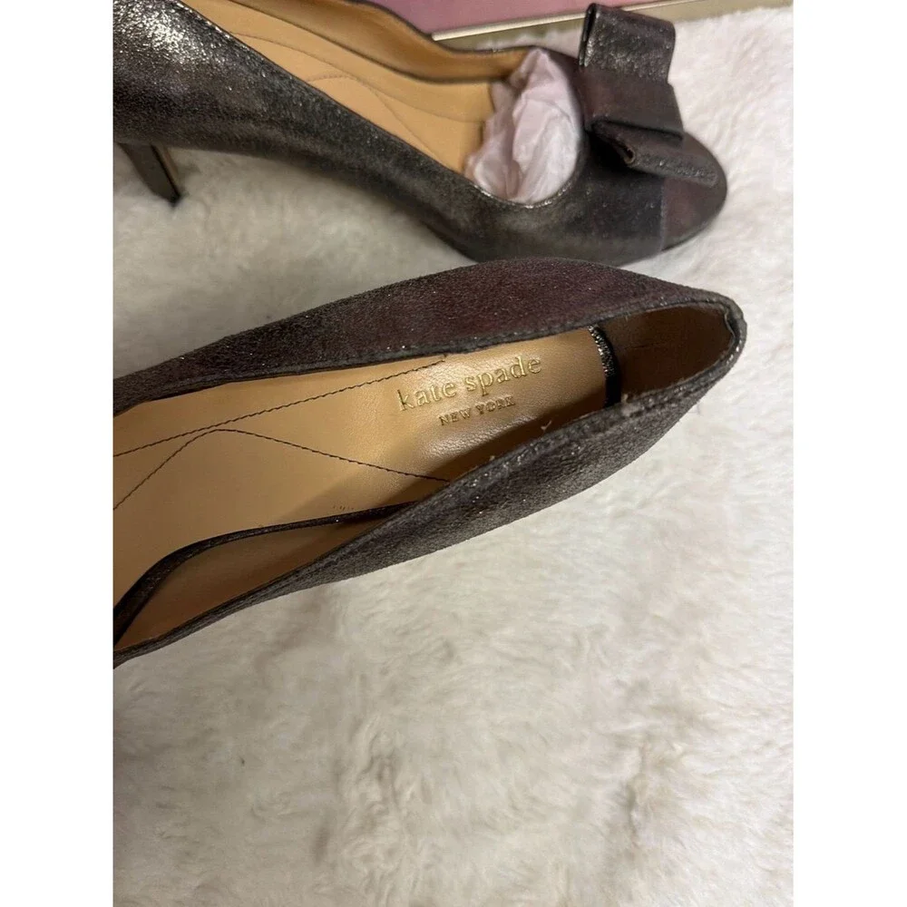 Kate Spade Bow Peep Toe Heels Metallic Pewter Pumps Size 8.5M Wedding Party